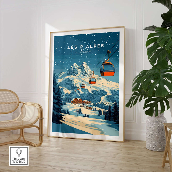 Les 2 Alpes ski print featuring a snowy mountain scene and ski gondolas, perfect for winter-themed home decor.