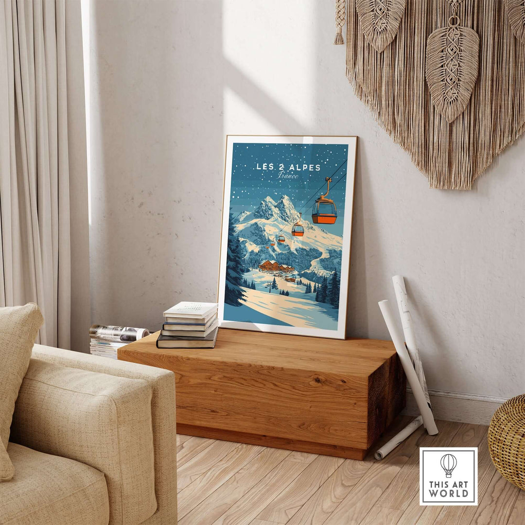 Les 2 Alpes ski print displayed in a cozy home setting, showcasing vibrant mountain scenery and winter sports excitement.