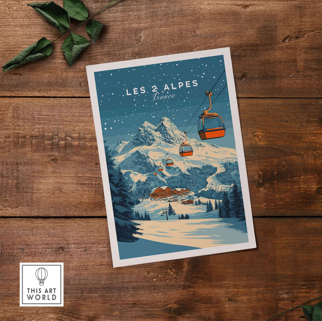 Les 2 Alpes ski print featuring a beautiful mountain scene and ski lifts, perfect for adding adventure to home decor.