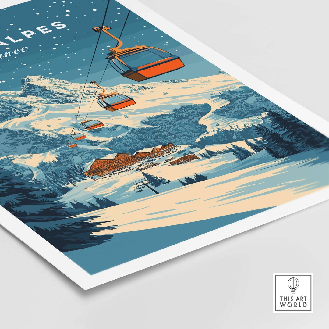 Les 2 Alpes ski print featuring a snowy mountain landscape and ski lifts, perfect for adding adventure to home decor.