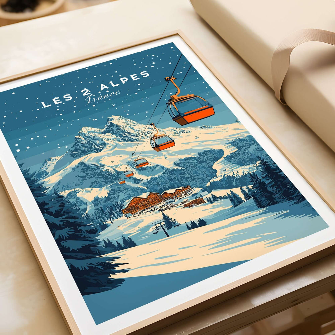 Les 2 Alpes ski print featuring gondola lifts and snowy mountains, perfect for ski enthusiasts and home decor.