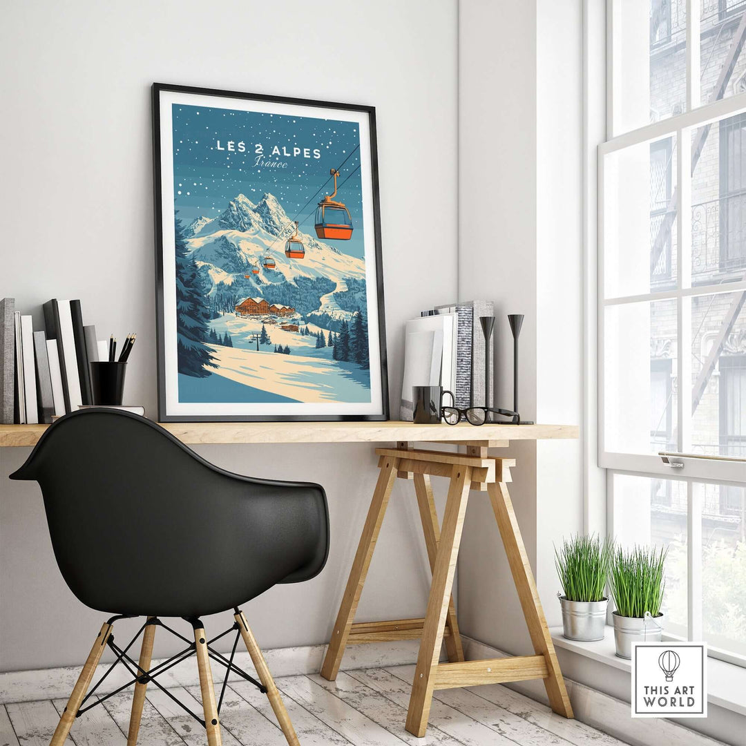 Les 2 Alpes Ski Print displayed in a cozy room with a modern desk and chair, showcasing winter scenery and skiing vibes.