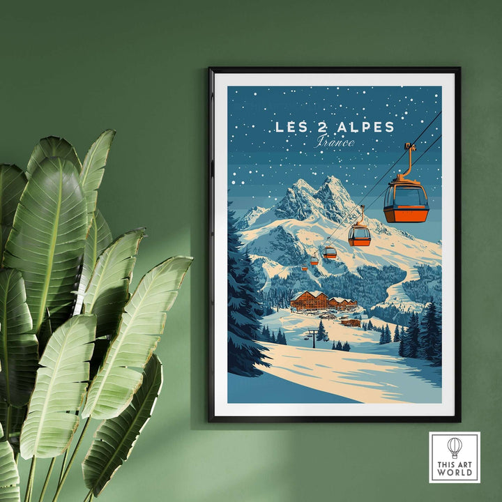 Les 2 Alpes Ski Print showcasing a cable car, snowy mountains, and winter scenery, perfect for ski enthusiasts and home decor.