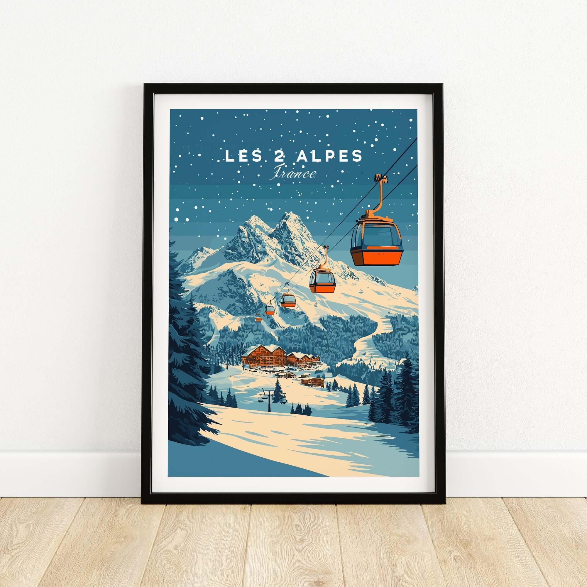 Les 2 Alpes ski print featuring snow-covered mountains and chairlifts, perfect for winter sports enthusiasts' home decor.