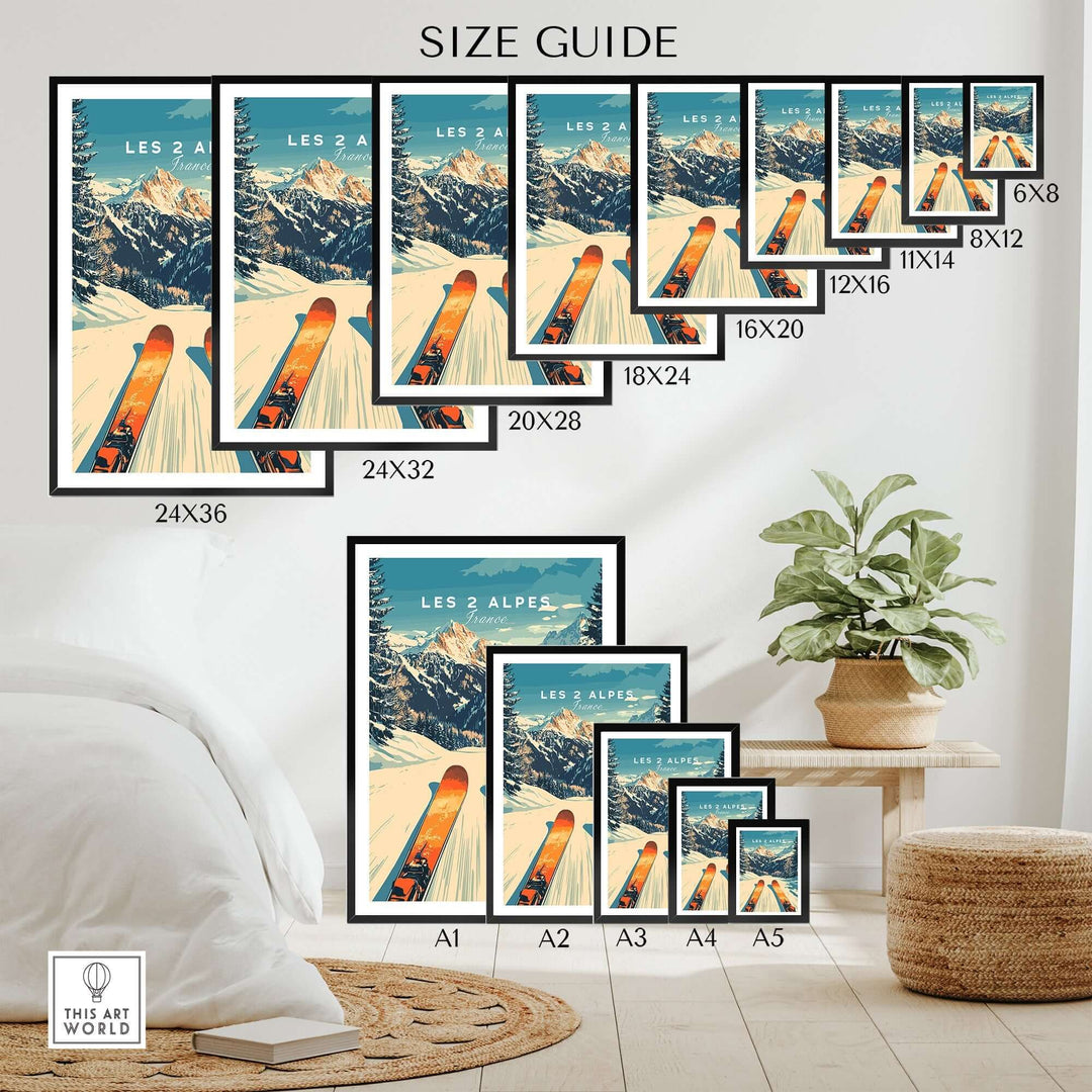 Size guide for Les 2 Alpes wall art ski posters displayed in various frame sizes in a cozy interior setting.