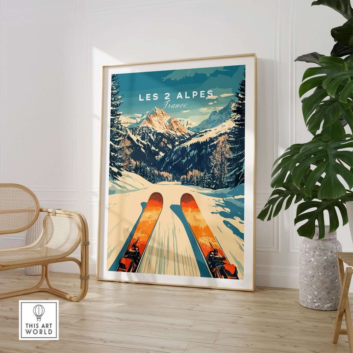 Les 2 Alpes ski poster featuring vibrant mountain scenery and ski equipment, perfect for adventurous home decor.