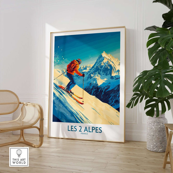 Les 2 Alpes vintage ski poster, vibrant design of skier on snowy slopes, perfect wall art for ski enthusiasts.