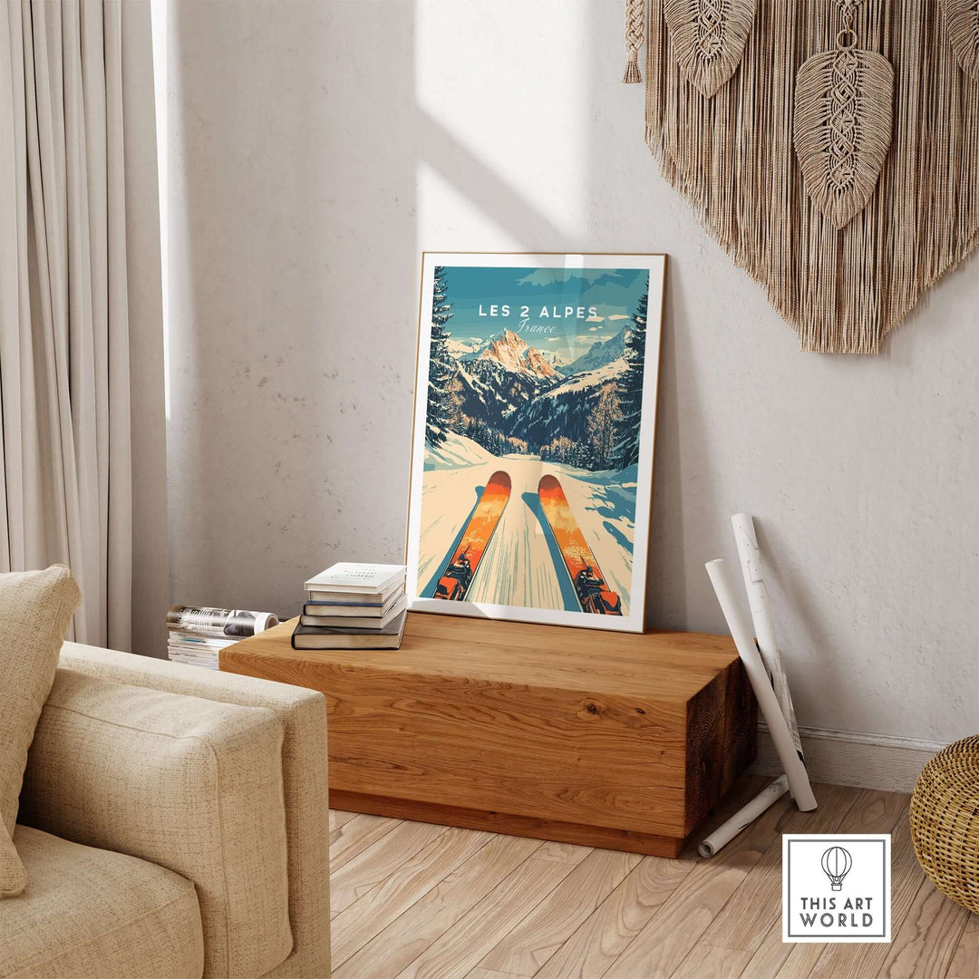 Les 2 Alpes wall art ski poster in a cozy living room setting, showcasing vibrant ski resort design and mountain scenery.