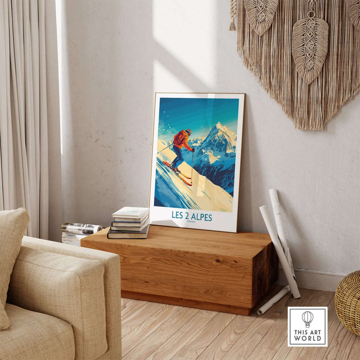 Les 2 Alpes wall art ski poster displayed in a cozy living room setting, showcasing vibrant design and winter inspiration.