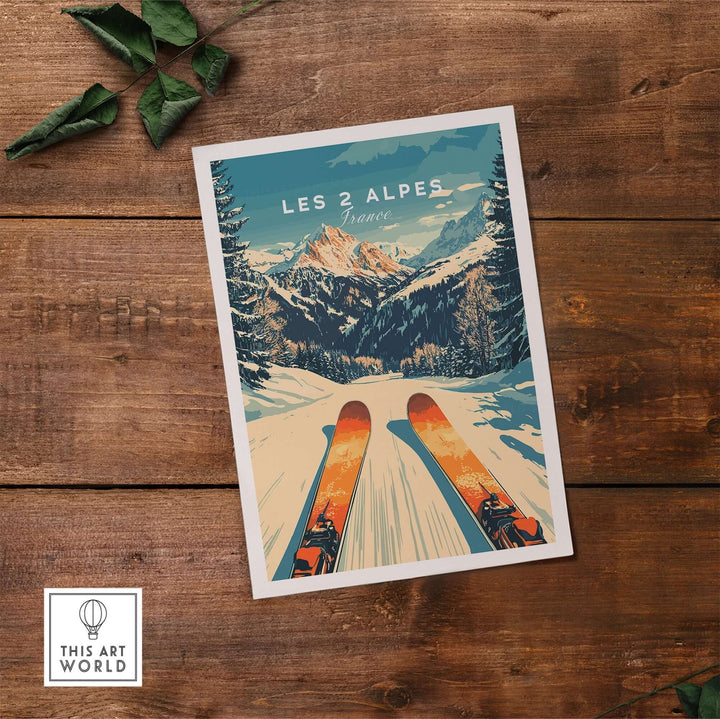 Les 2 Alpes ski poster featuring vibrant snowy slopes and mountains, perfect for home decor and ski enthusiasts.