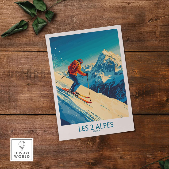 Les 2 Alpes wall art ski poster featuring a skier on snowy slopes with mountains in the background, vibrant and inspiring design.