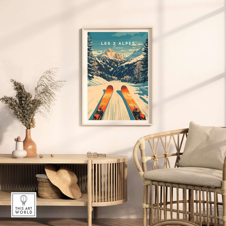 Les 2 Alpes wall art ski poster displaying vibrant ski scene in stylish living room decor. Perfect for ski enthusiasts.