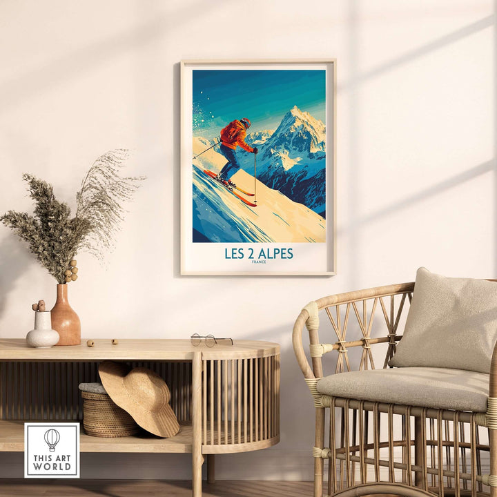 Les 2 Alpes wall art ski poster displayed in a cozy room with modern decor, showcasing vibrant colors and an inspiring ski scene.