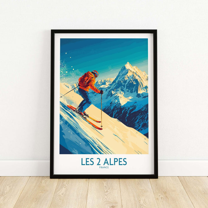 Vibrant Les 2 Alpes wall art ski poster featuring a skier and majestic mountains, perfect for home or office decor.