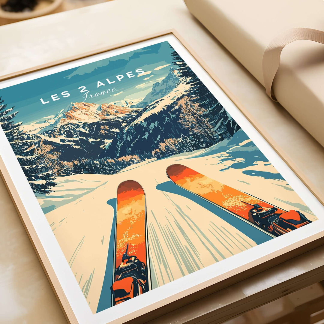 Les 2 Alpes ski poster showcasing vibrant slopes and mountain scenery, perfect for adventure-themed home decor.