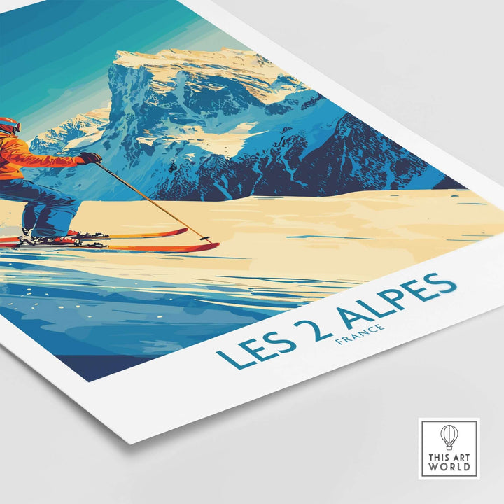 Les 2 Alpes ski poster featuring a skier against a stunning mountain backdrop, perfect for home or office decor.