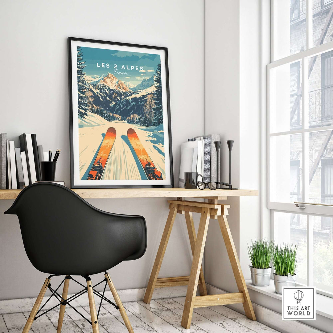 Les 2 Alpes wall art ski poster in a stylish home office setting, featuring vibrant ski design and mountain scenery.