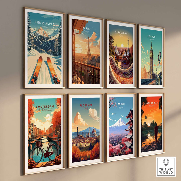 Colorful wall art collage featuring iconic destinations: Les 2 Alpes, Paris, Barcelona, London, Amsterdam, Florence, Tokyo, and Bangkok.