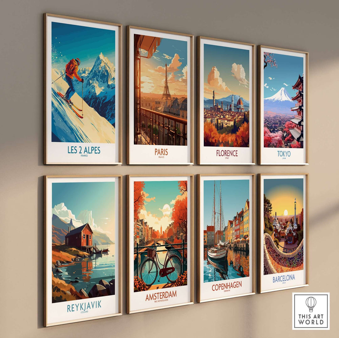 Les 2 Alpes skiing poster and city art prints including Paris, Florence, Tokyo, Reykjavik, Amsterdam, Copenhagen, and Barcelona.