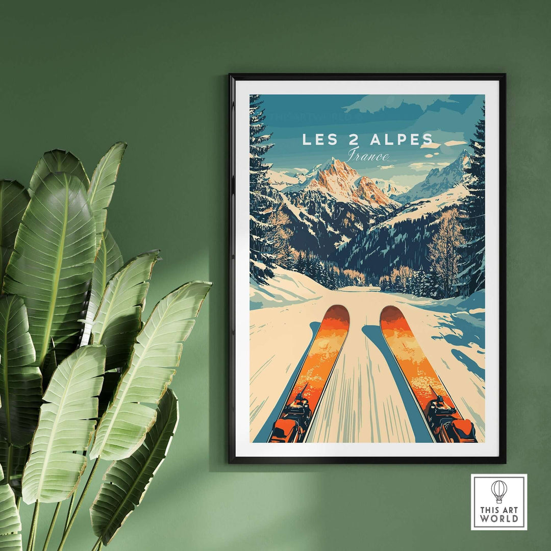 Les 2 Alpes ski poster showcasing vibrant slopes and mountains, perfect wall art for ski enthusiasts and adventure lovers.