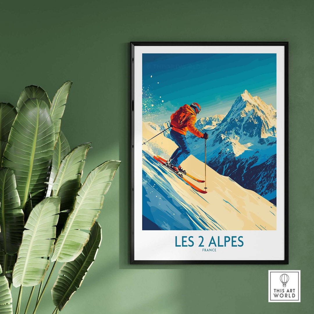 Les 2 Alpes ski poster featuring a skier on snowy slopes with mountains in the background, perfect for home decor.