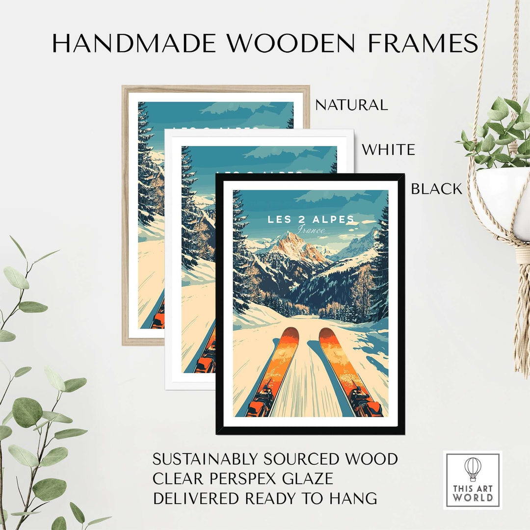 Handmade wooden frames in natural, white, and black for Les 2 Alpes ski wall art, featuring sustainably sourced wood and clear glaze.