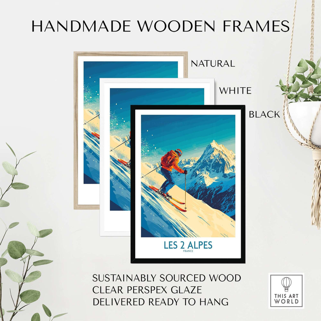 Handmade wooden frames for Les 2 Alpes ski poster in natural, white, and black colors, showcasing sustainable design.