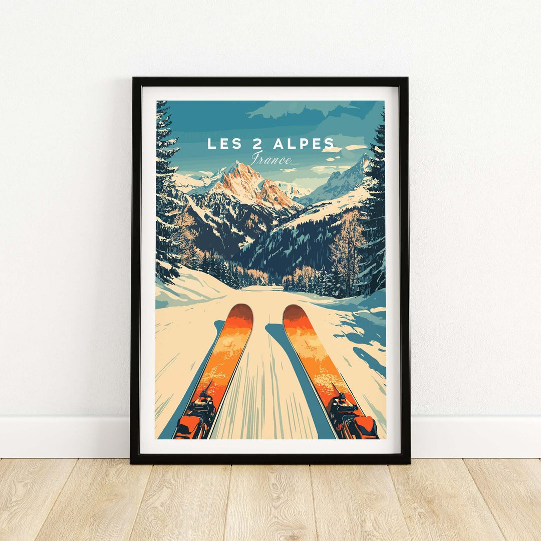 Les 2 Alpes ski poster featuring vibrant mountain scenery and ski gear, perfect for adventure decor.