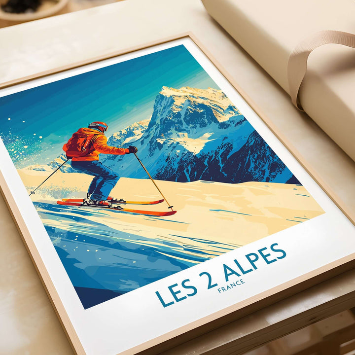 Vibrant Les 2 Alpes ski poster featuring a skier on snowy slopes with mountains in the background. Perfect for home decor.