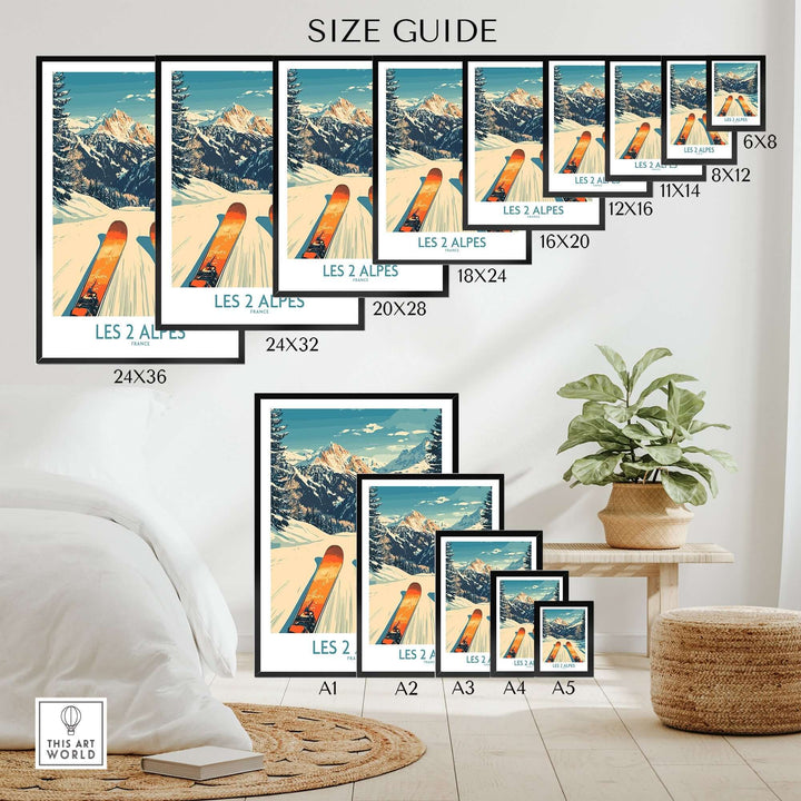 Size guide for Les 2 Alpes Wall Art Ski Print showcasing various frame sizes against a cozy interior backdrop.