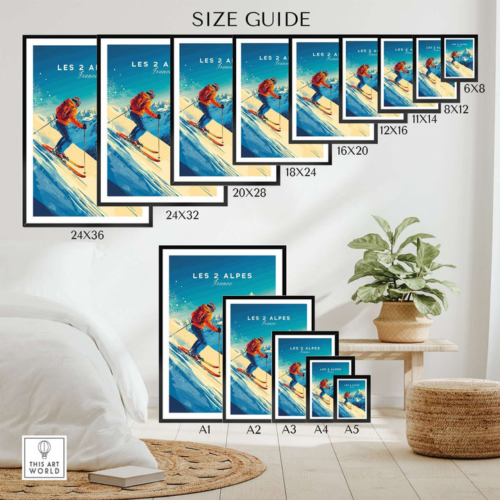 Size guide for Les 2 Alpes wall art ski print, showcasing various frame dimensions and designs for home decor.