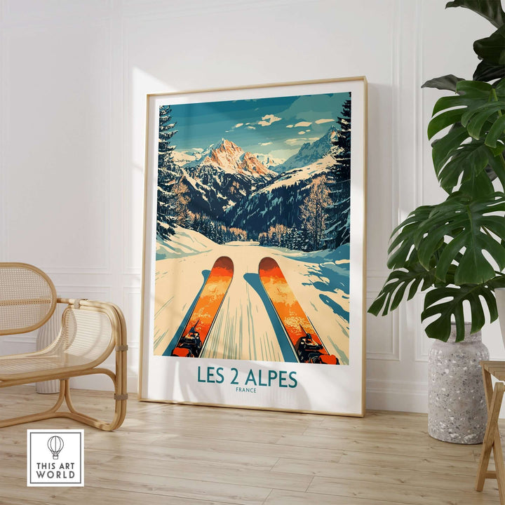 Les 2 Alpes ski print showcasing stunning alpine landscape and skier, perfect for winter sports enthusiasts' decor.