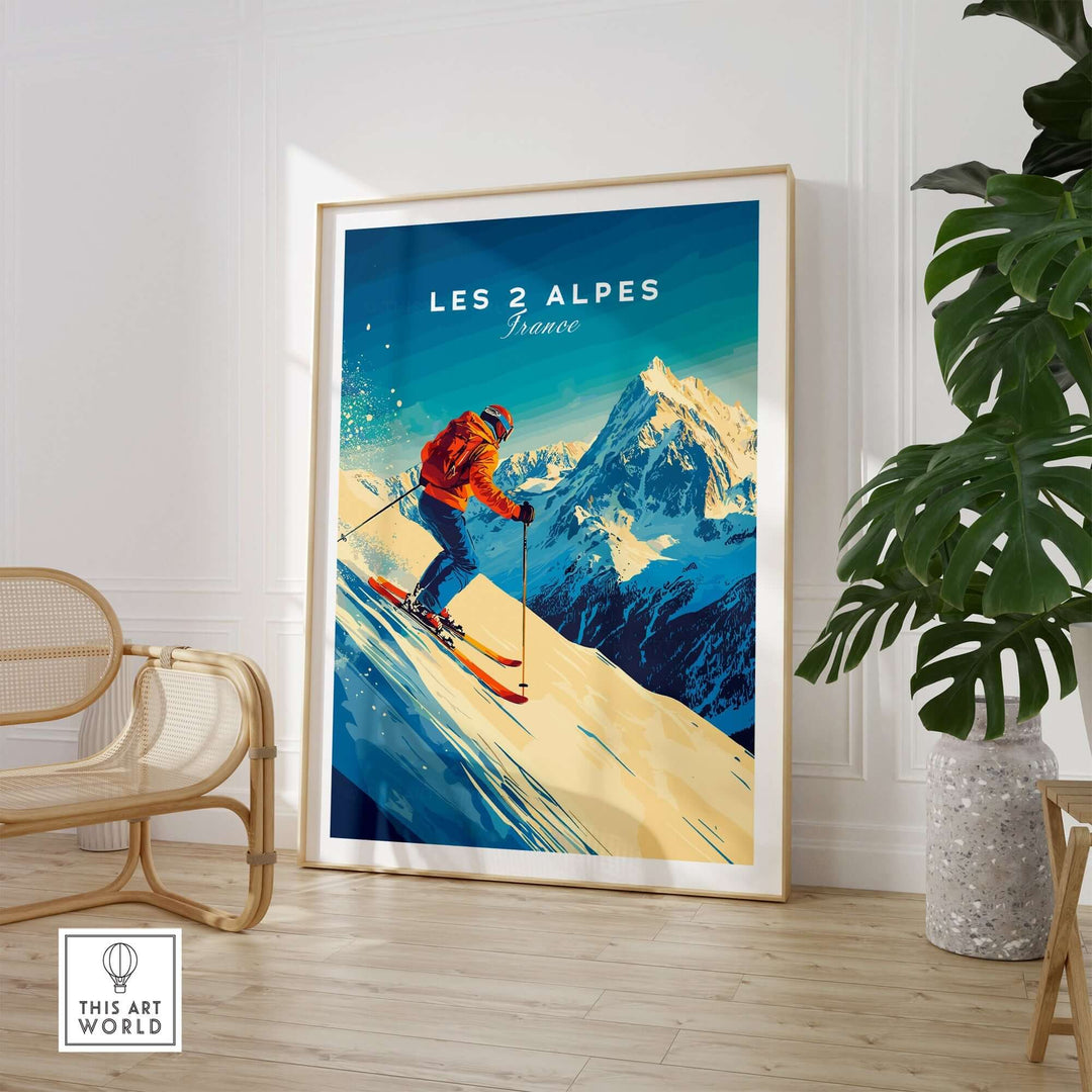 Vibrant Les 2 Alpes ski print in a modern living room, showcasing stunning mountain scenery and a skier.