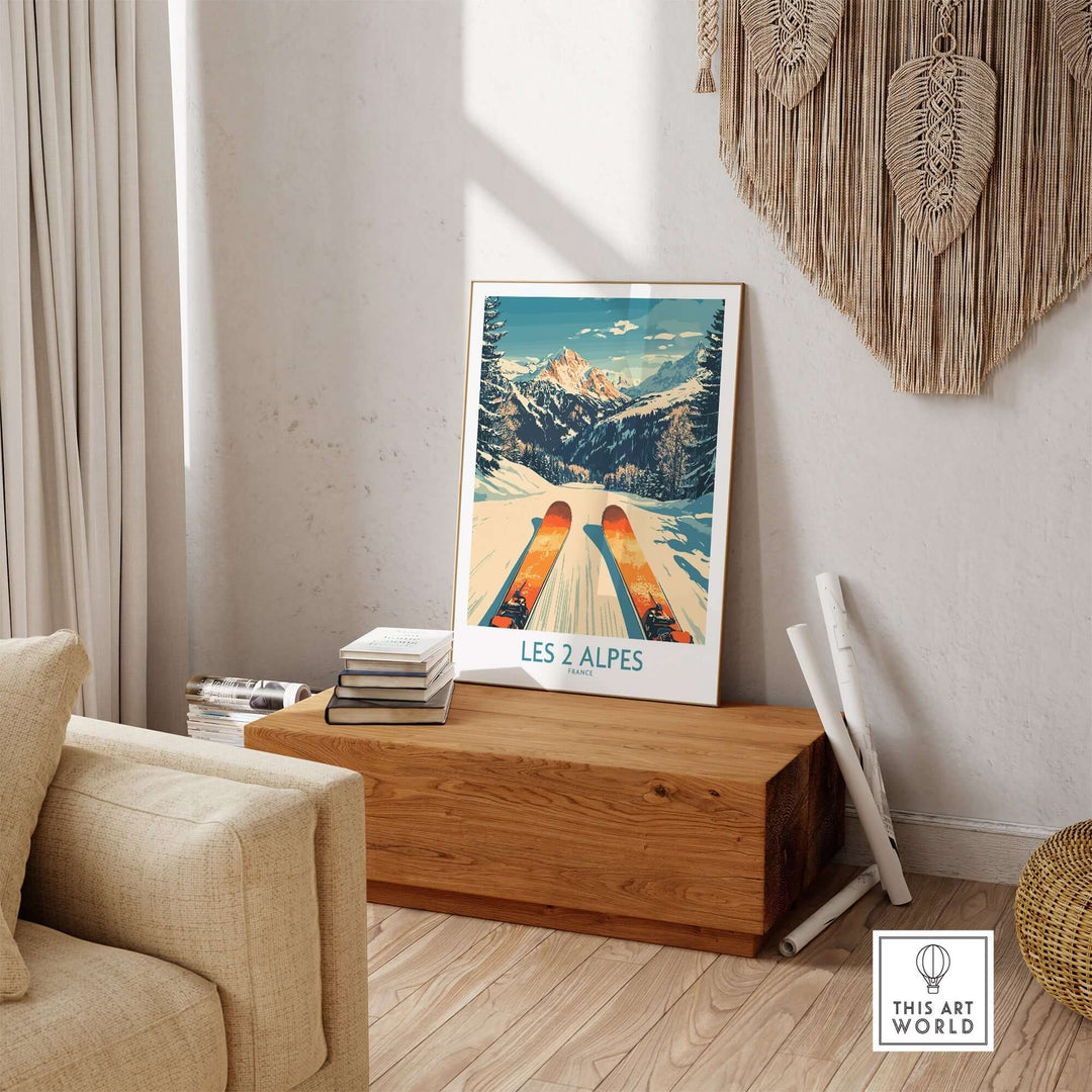 Les 2 Alpes wall art ski print showcasing a skier on powdery slopes in a cozy home setting. Perfect for ski enthusiasts.