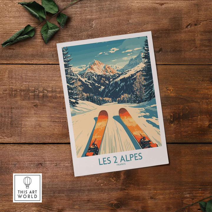 Les 2 Alpes wall art print showcasing a skier on powdery slopes in the French Alps, perfect for ski enthusiasts.