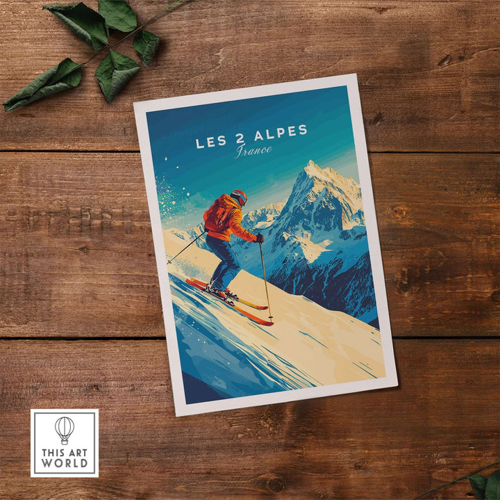 Les 2 Alpes wall art ski print featuring a skier on a snow-covered mountain in vibrant colors and detailed scenery.