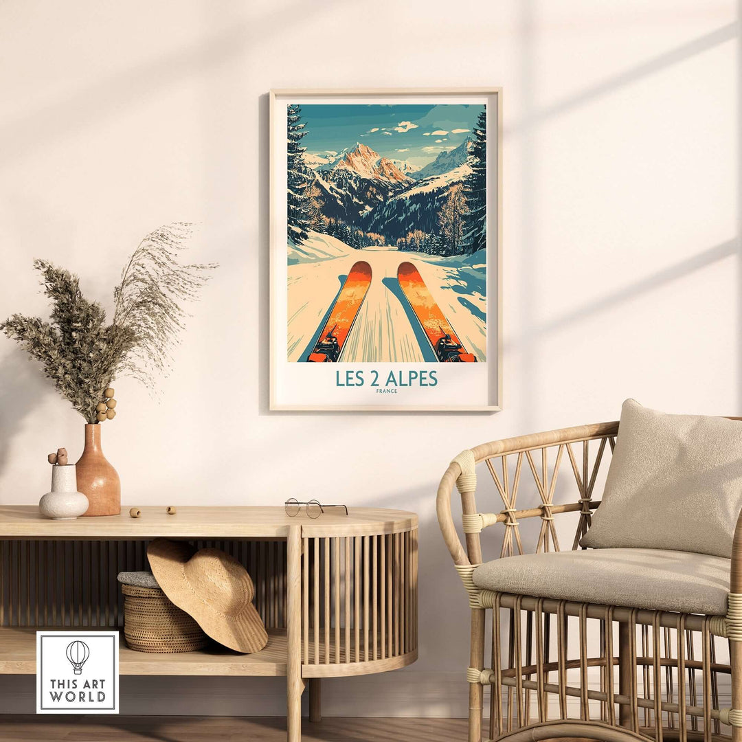 Les 2 Alpes wall art print featuring vibrant skis on snowy slopes, perfect for ski enthusiasts' home decor.