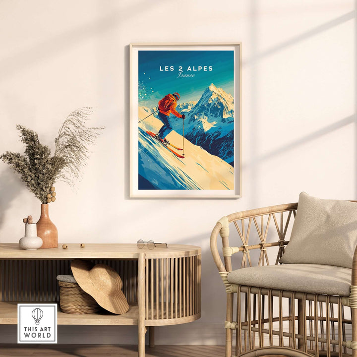 Les 2 Alpes wall art ski print displayed in a modern living room with natural decor and stylish furniture.