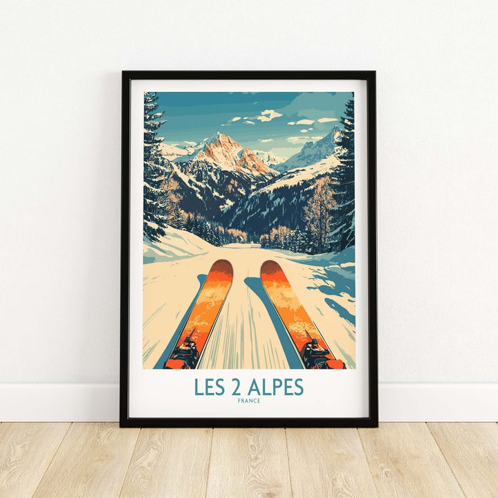 Les 2 Alpes ski print featuring bright skis on snowy slopes with majestic mountains, perfect for ski enthusiasts' decor.