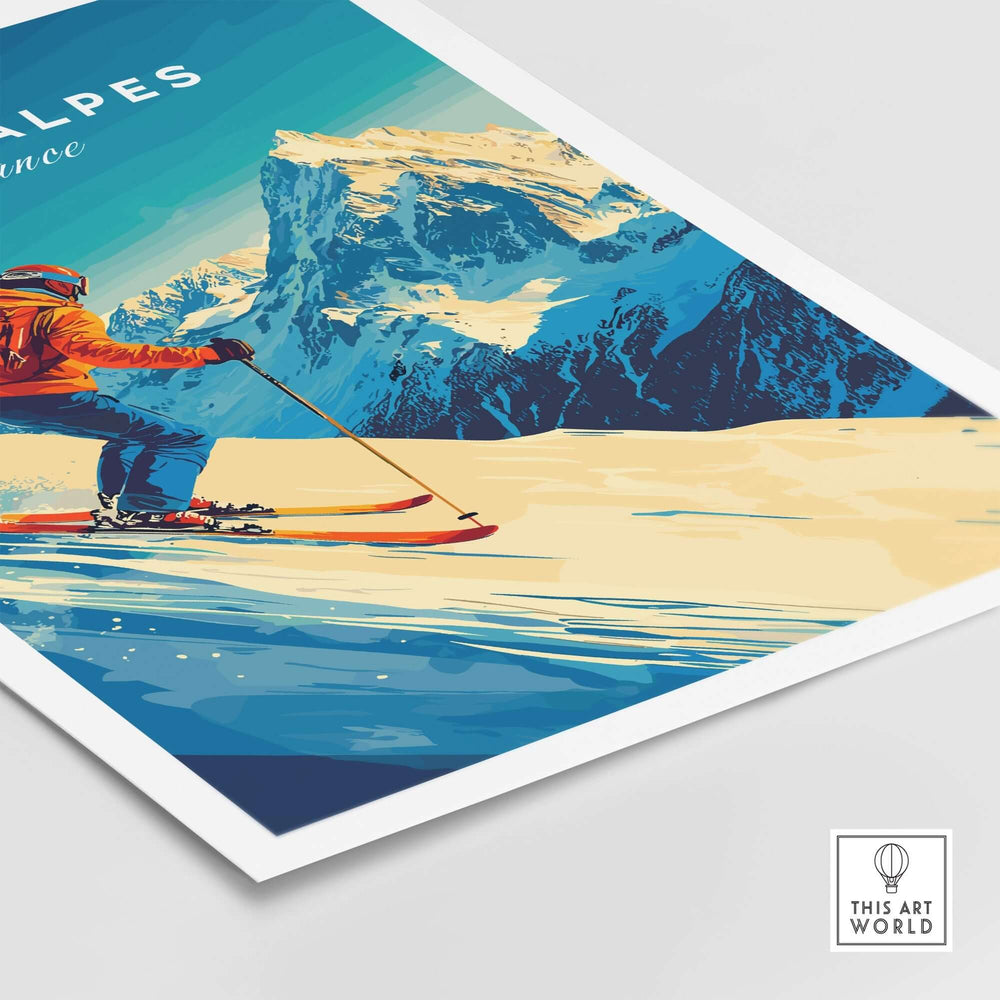 Les 2 Alpes wall art ski print featuring a skier against stunning mountain scenery and vibrant colors. Perfect for ski enthusiasts.