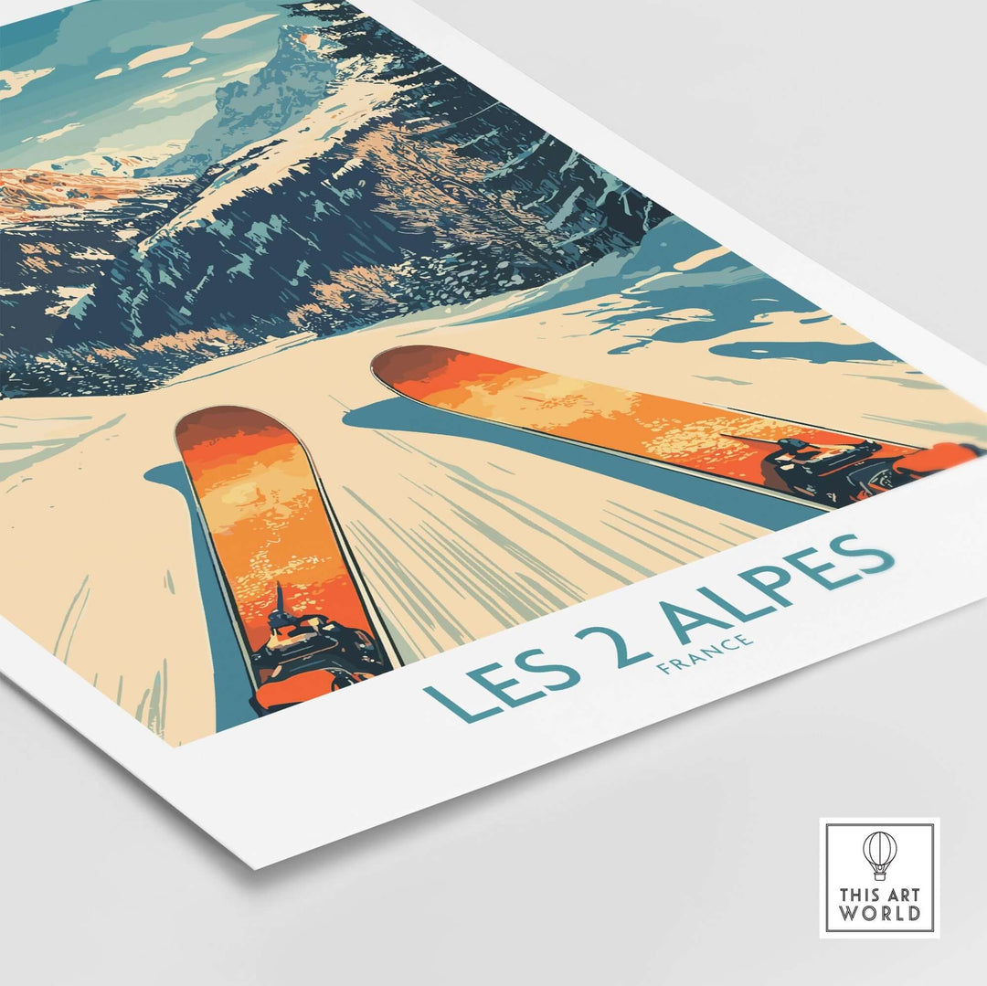 Les 2 Alpes ski print featuring vibrant skis on snowy slopes, capturing the essence of the French Alps. Perfect for ski decor.