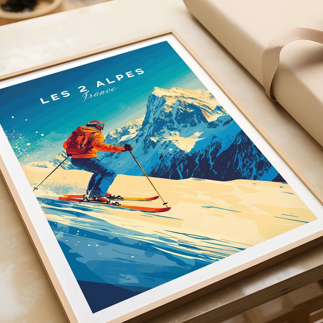 Les 2 Alpes ski print featuring a skier on vibrant snow-covered mountains, perfect wall art for ski enthusiasts.