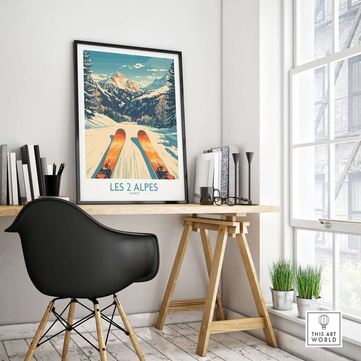 Les 2 Alpes wall art ski print displayed in a stylish home office setting with modern decor and natural light.