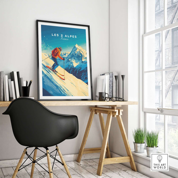 Les 2 Alpes wall art ski print displayed in a modern interior, showcasing vibrant mountain scenery and a skier.