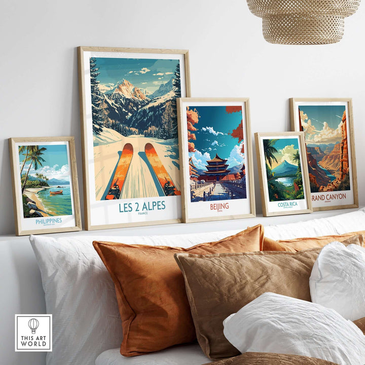 Les 2 Alpes wall art ski print among travel-themed art prints on a stylish living room wall.