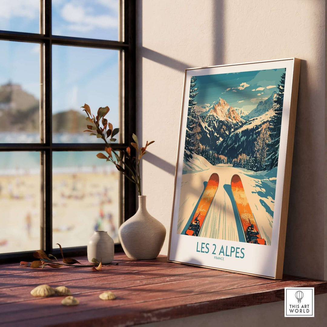 Les 2 Alpes wall art print featuring colorful skis and a stunning mountain landscape in a cozy indoor setting.