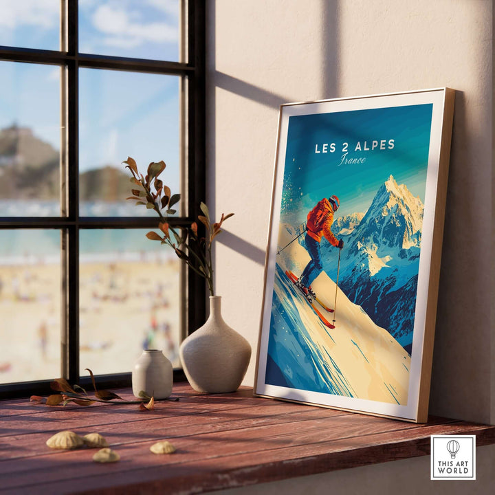 Les 2 Alpes wall art ski print displayed in a sunlit room, featuring a skier and breathtaking mountain scenery.