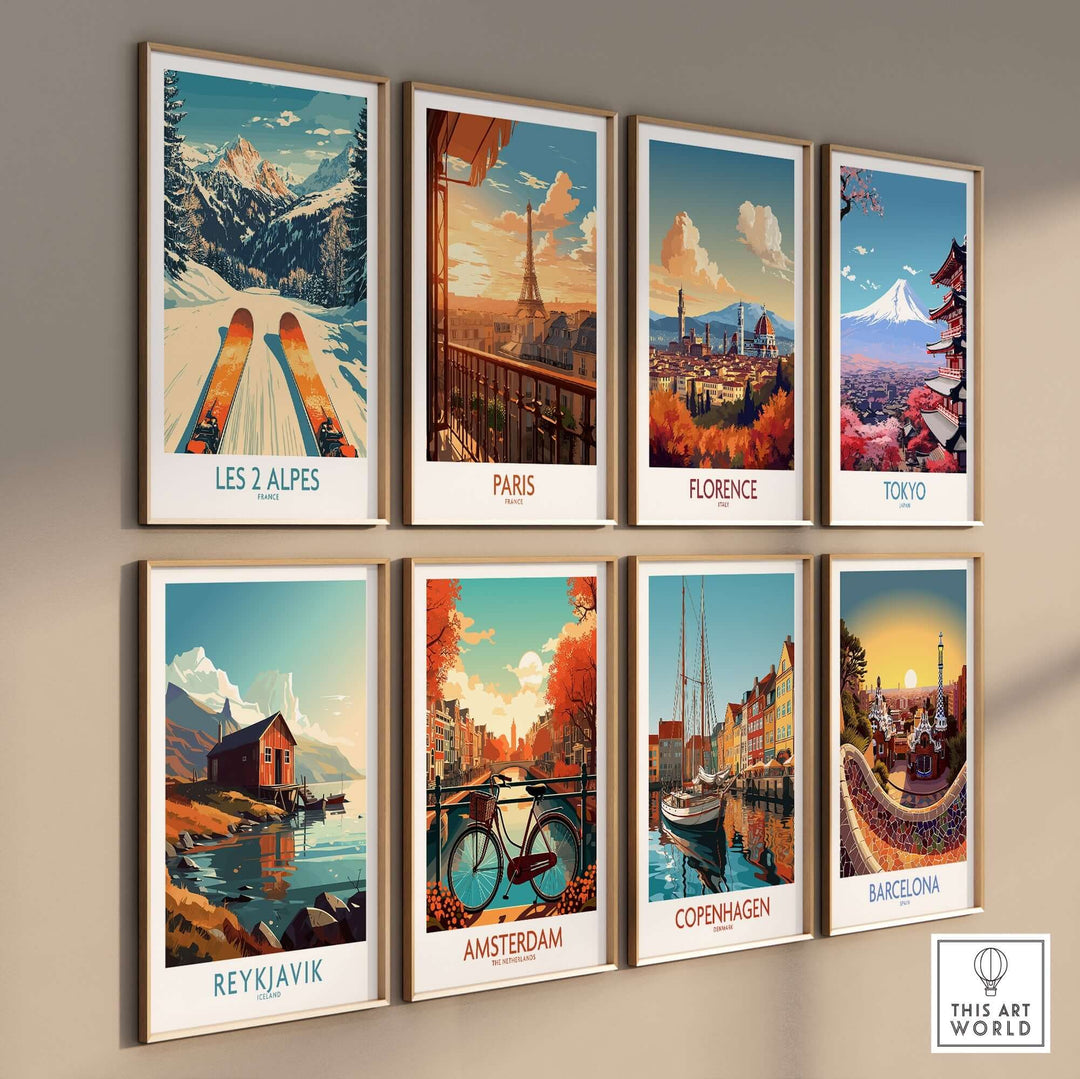 Les 2 Alpes, Paris, Florence, Tokyo, Reykjavik, Amsterdam, Copenhagen, and Barcelona wall art prints displayed in a gallery setup.