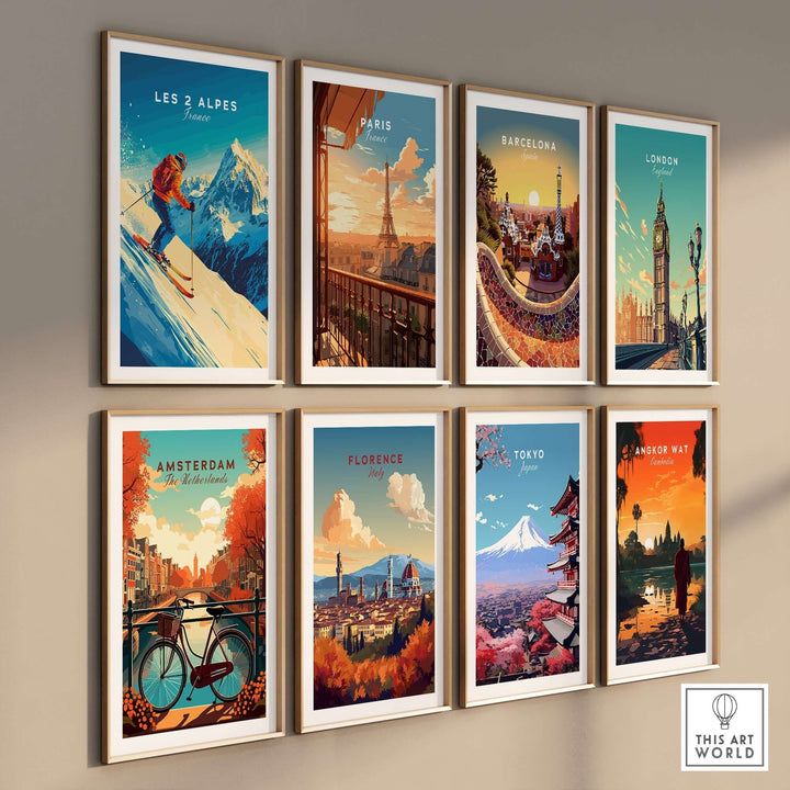 Colorful wall art prints of famous cities including Les 2 Alpes, Paris, Barcelona, and Tokyo, displayed in stylish frames.