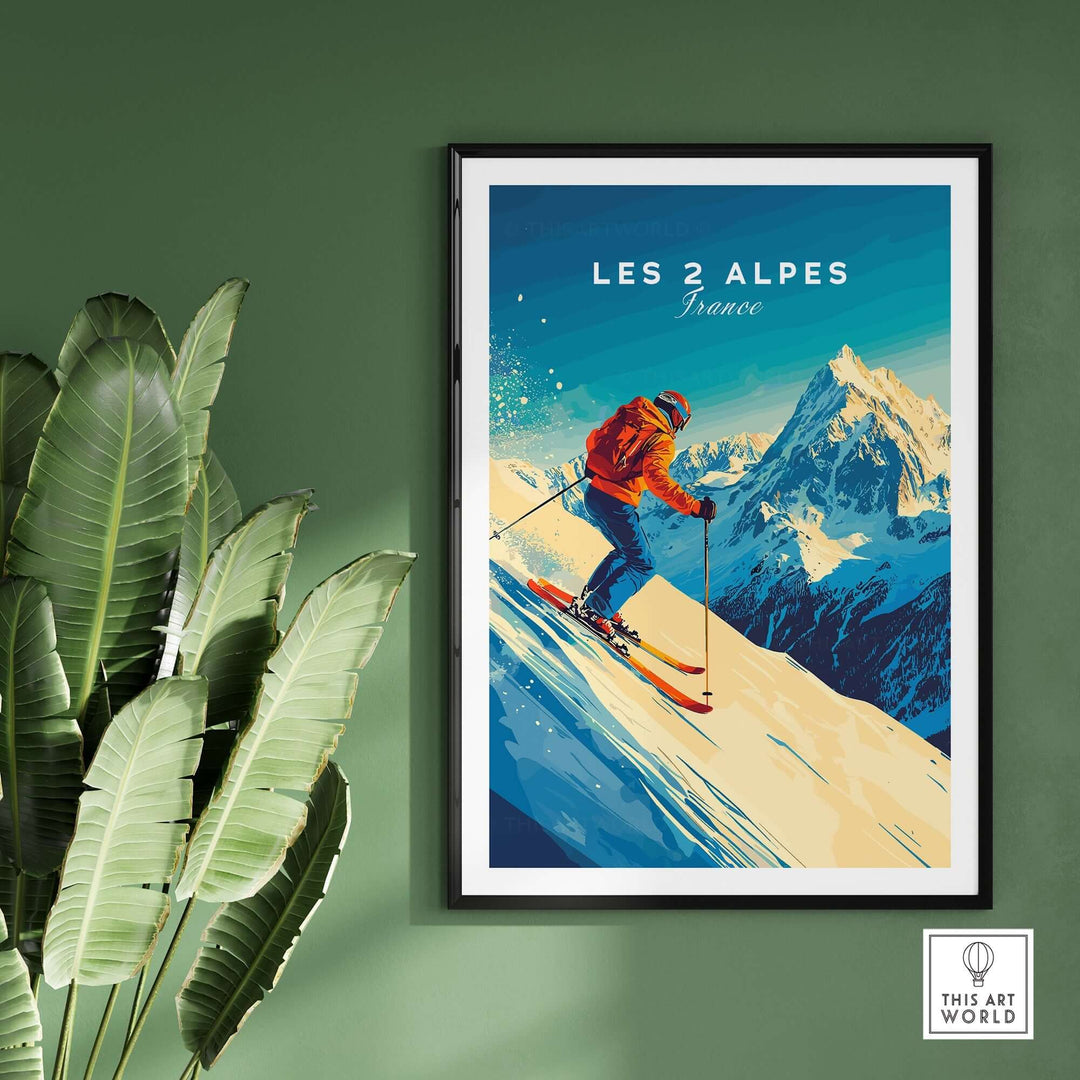 Les 2 Alpes wall art ski print featuring a skier on a snowy mountain backdrop, perfect for ski enthusiasts and home decor.